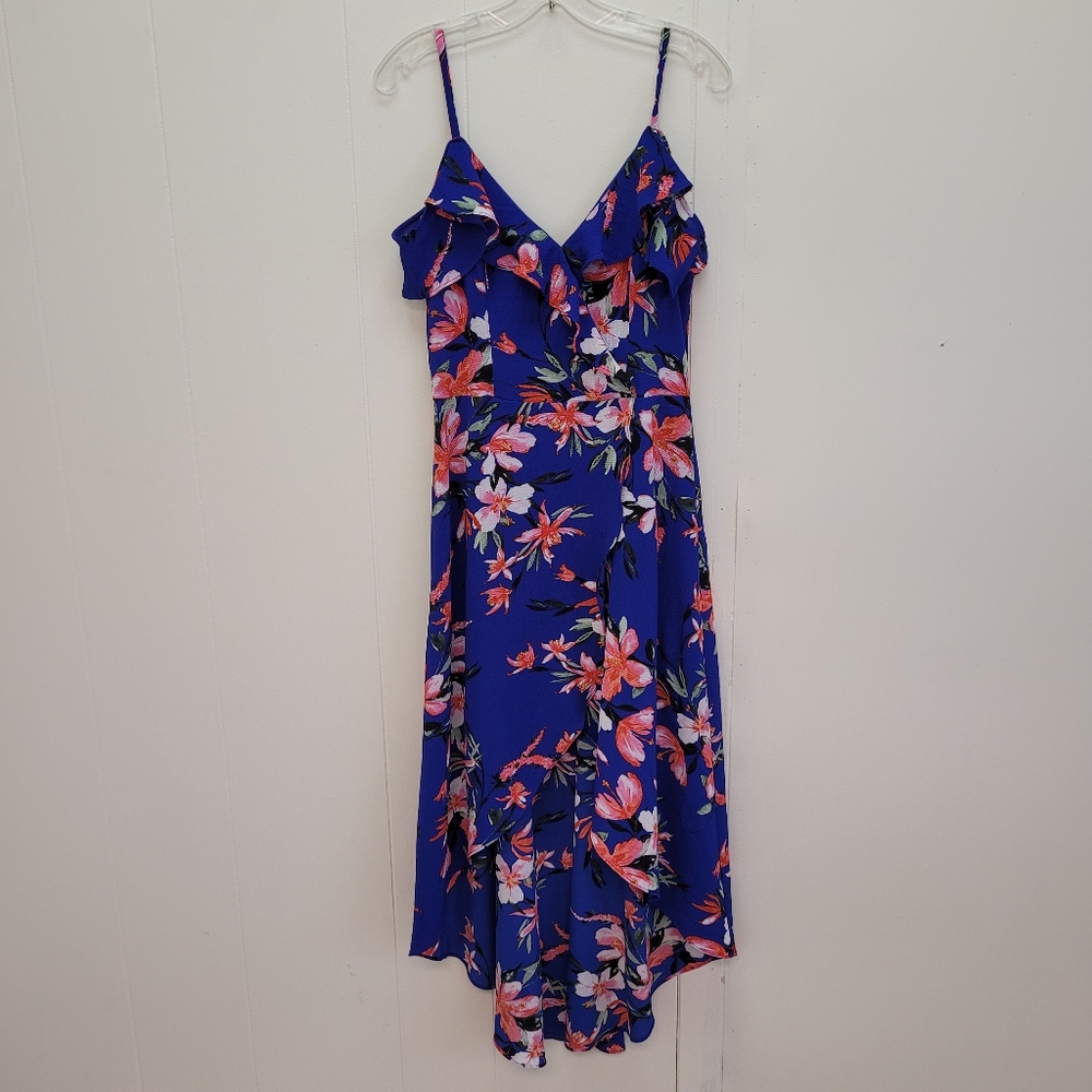 By & By Crepe Flounce High Low Hem Faux Wrap Floral Dress